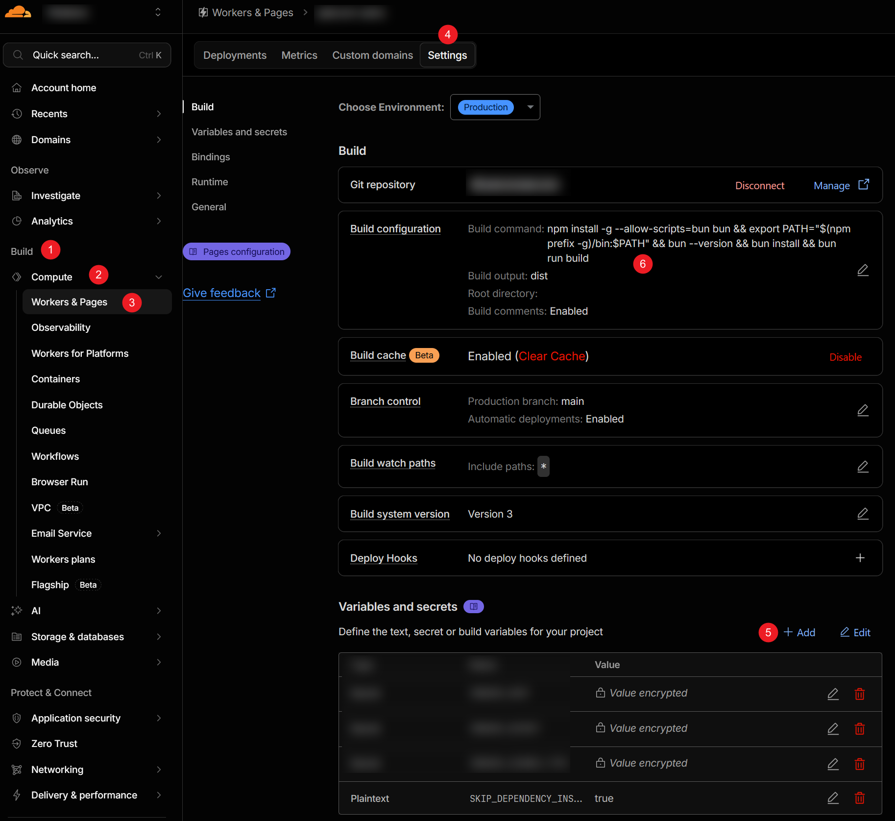 Cloudflare Pages build settings with SKIP_DEPENDENCY_INSTALL and a custom Bun build command