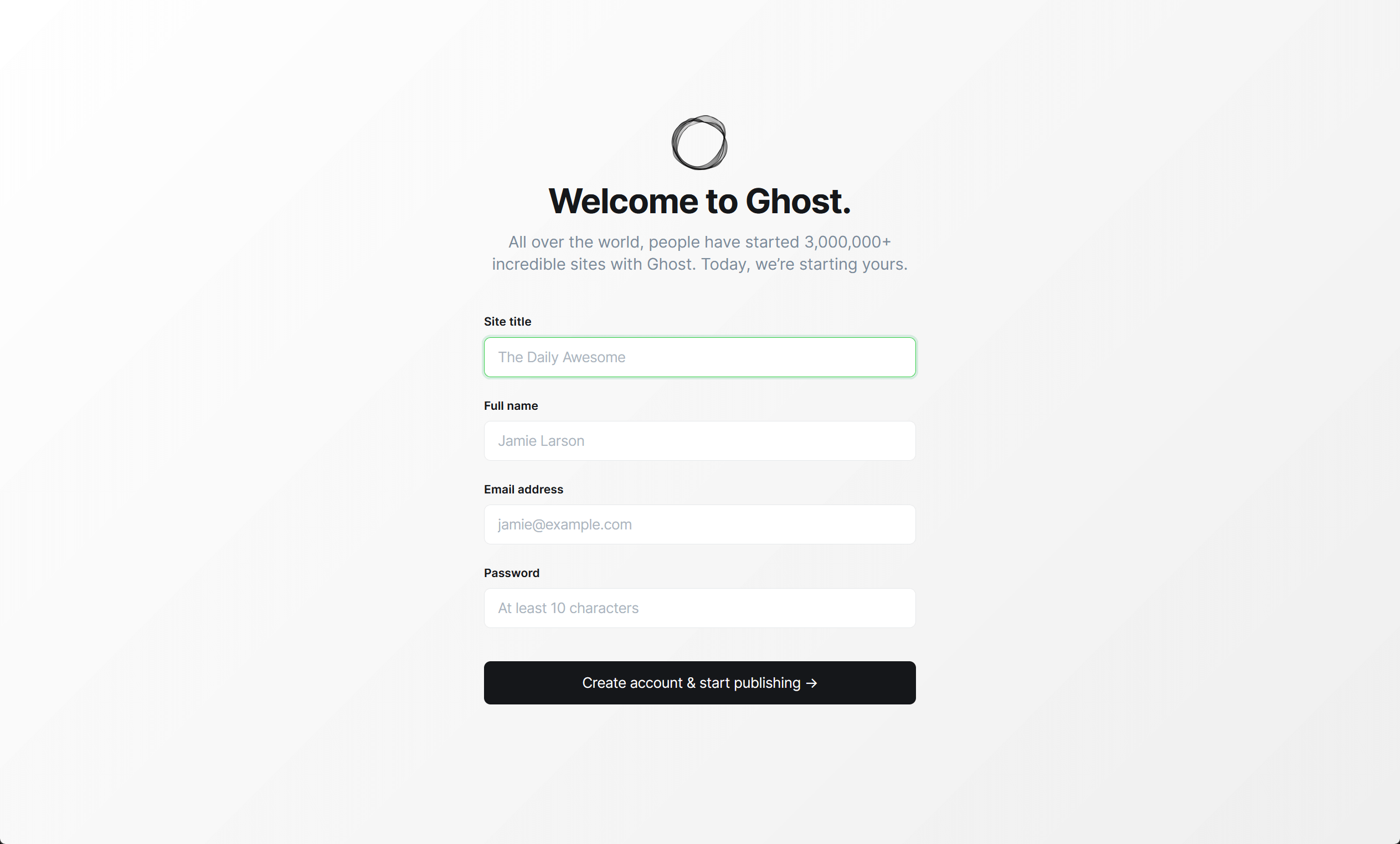 Ghost admin welcome screen after a fresh Docker install