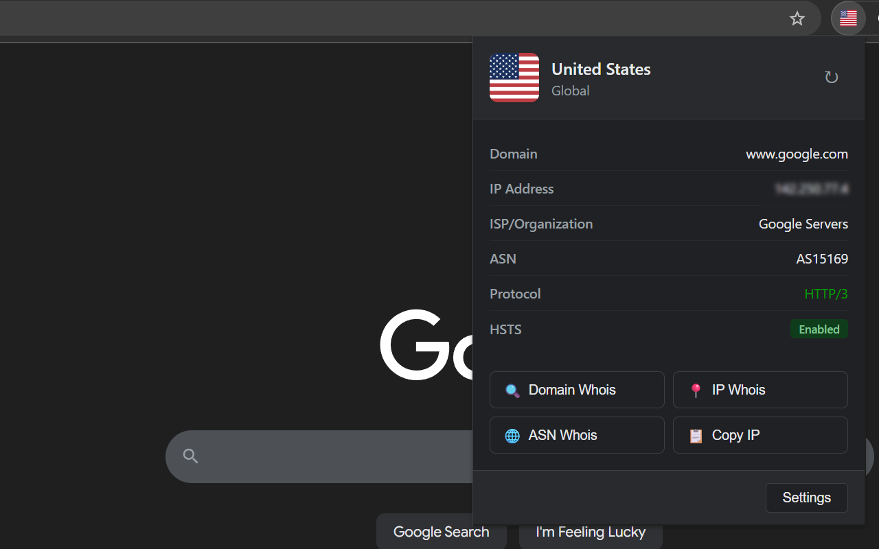 Flagium popup on google.com showing a United States flag, the server IP, ISP, ASN, HTTP/3, and HSTS status